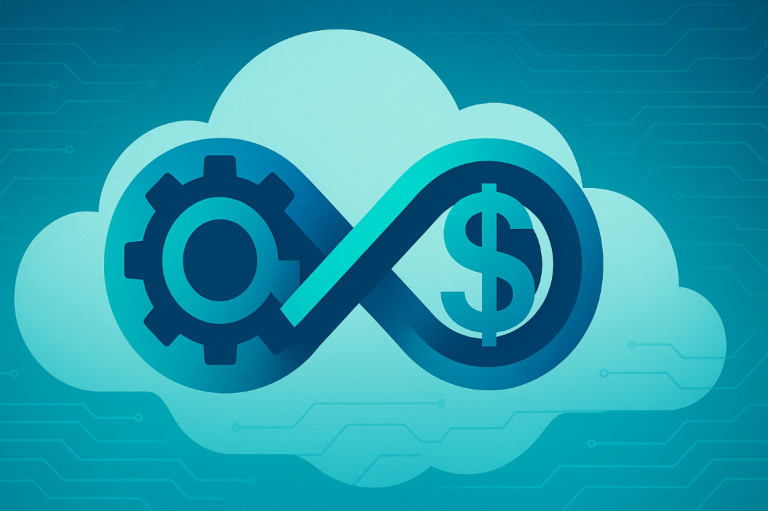 Blue-green illustration of a cloud with an infinity loop linking a gear and a dollar sign—symbolizing CloudOps + FinOps synergy.